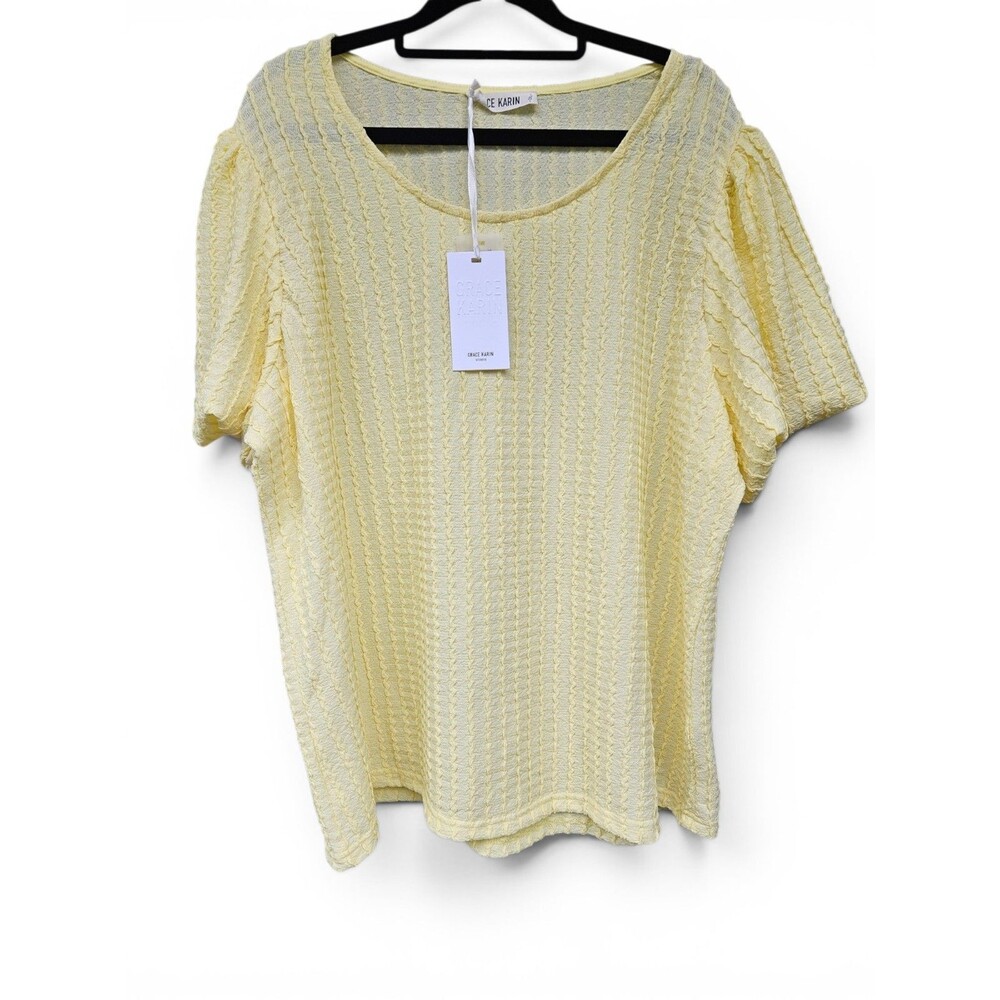 Grace Karin Blouse Womens 2XL Yellow Textured Puff Sleeve Stretch Knit